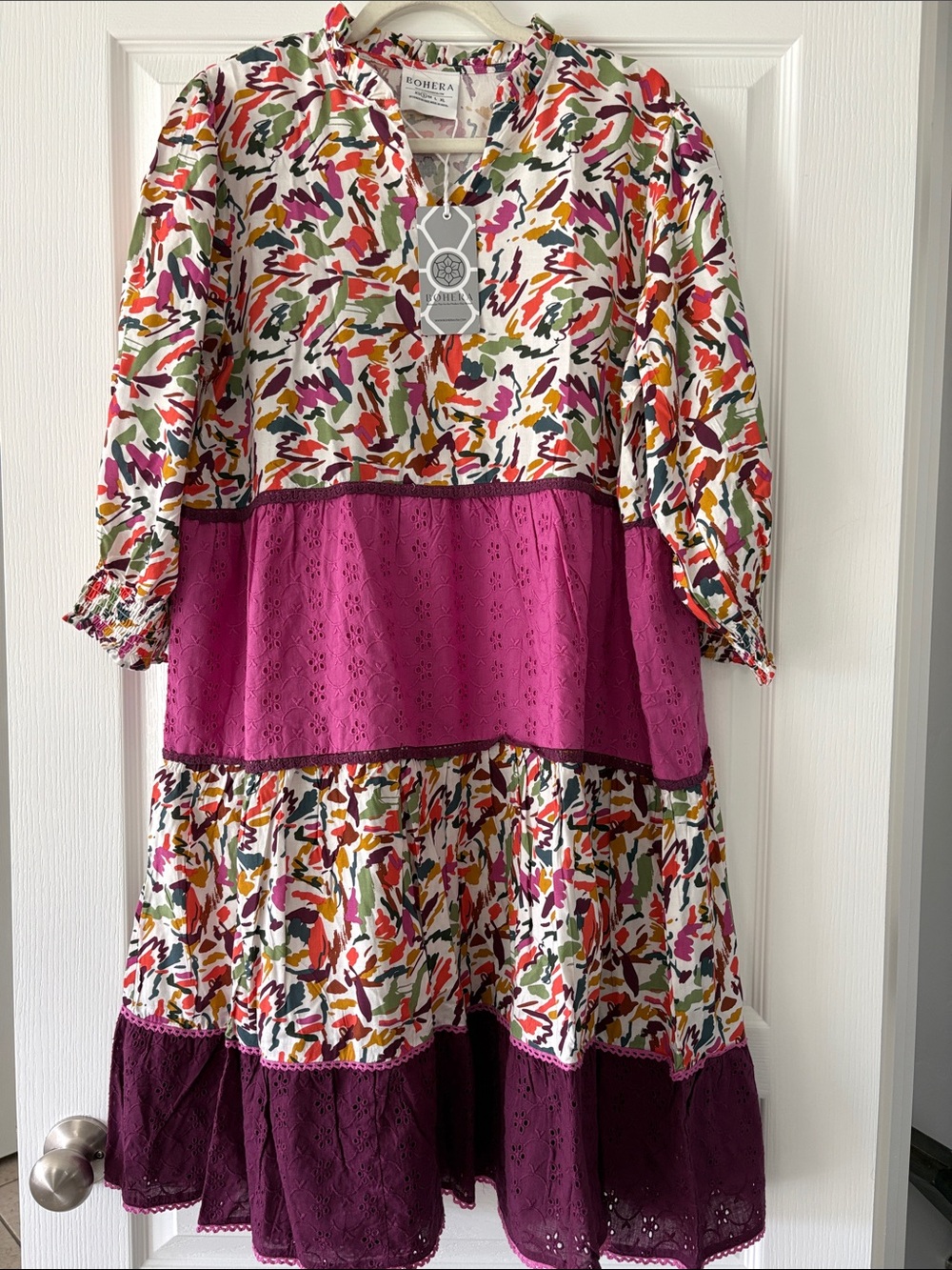 Boutique Floral Tiered Dress in Fuchsia and Multicolor